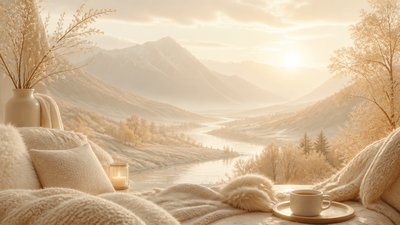 a vast valley with a river winding toward distant mountains at sunrise, no people, no text