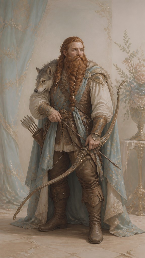 full-body original character: a dwarven ranger with a braided auburn beard, worn leather armor, a longbow and a wolf-pelt cloak, neutral background, no text