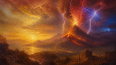an erupting volcano with lightning strikes, dramatic wide composition, no text