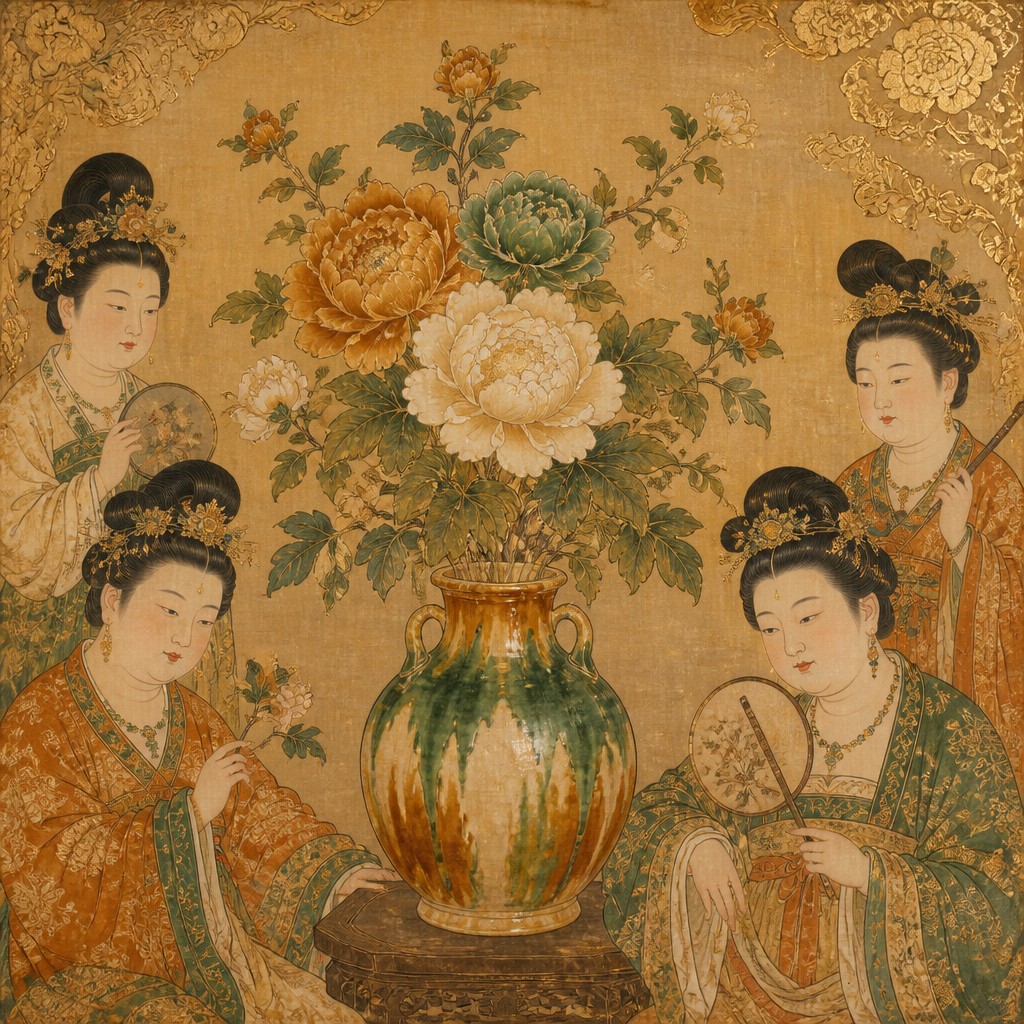 bouquet of flowers in a glass vase — Tang Dynasty Art Style