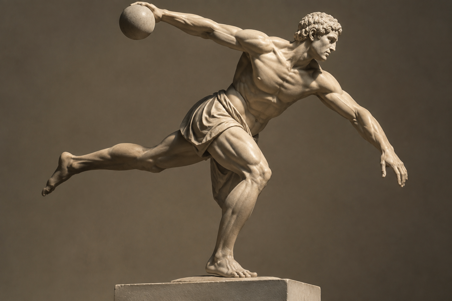 ancient greek athlete extending one-leg-back and throwing a ball with his hand