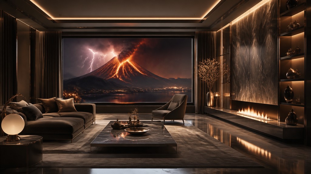 an erupting volcano with lightning strikes, dramatic wide composition, no text