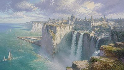a cliffside city with waterfalls cascading into a misty canyon, wide establishing shot, no people, no text