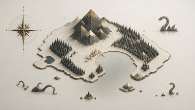 a map of an island realm with mountains, forests, a sheltered bay, sea monsters in the water and a compass rose, no text labels