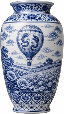 a hot air balloon drifting over rolling flower fields on a sunny day, cheerful, no text