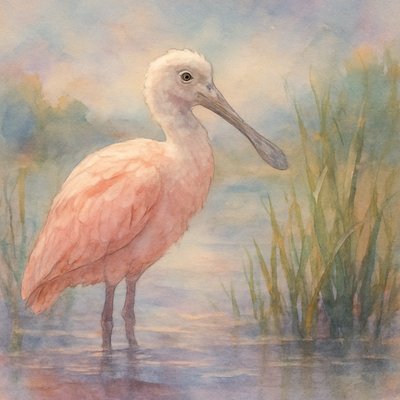A captivating and serene portrait of a young Roseate Spoonbill juvenile standing gracefully in its natural wetland habitat. The bird's plumage is a delicate and soft pale rosy-pink or peach color, much lighter and more muted than the vibrant pink of its adult counterparts, with touches of white or very light cream feathers, particularly on its head and neck. Its characteristic long, spatulate (spoon-shaped) bill is prominent, though it might be a slightly duller gray or greenish-gray than an adult's.

The juvenile spoonbill stands in shallow, calm water, possibly surrounded by lush green marsh grasses, reeds, or mangrove roots. The background is a soft-focus wetland scene, hinting at a warm, sunny day with serene water and distant vegetation, perhaps with a clear blue sky or a gentle sunset glow. The lighting is soft and natural, emphasizing the subtle, beautiful peach and rosy tones of its feathers and the unique texture of its plumage. The overall mood is one of quiet elegance, youthful beauty, and peaceful observation in nature." impressionistic watercolor painting, soft washes of color, delicate brushstrokes, ethereal atmosphere, focus on color blend and texture"