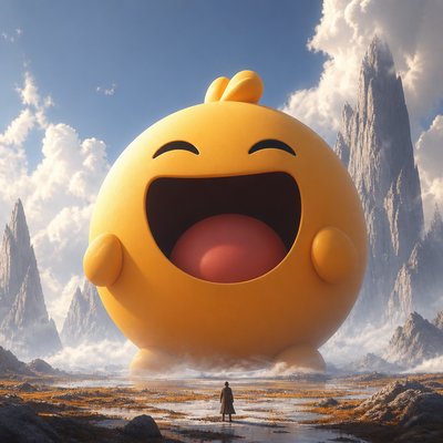 an exaggerated laughing face of an original round mascot character, bold and readable at small size, plain background, no text