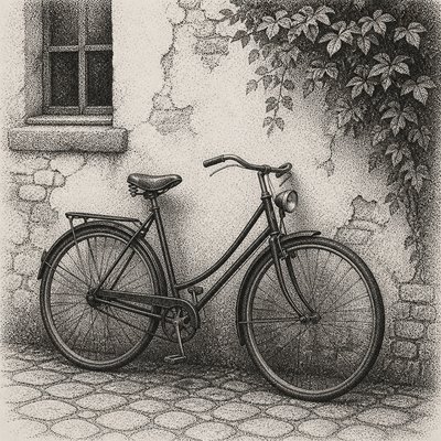 bicyle resting against a wall — Stippling Dotwork Style