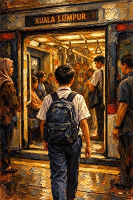 a painting of a man walking into a store