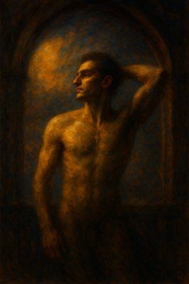a painting of a man with no shirt on