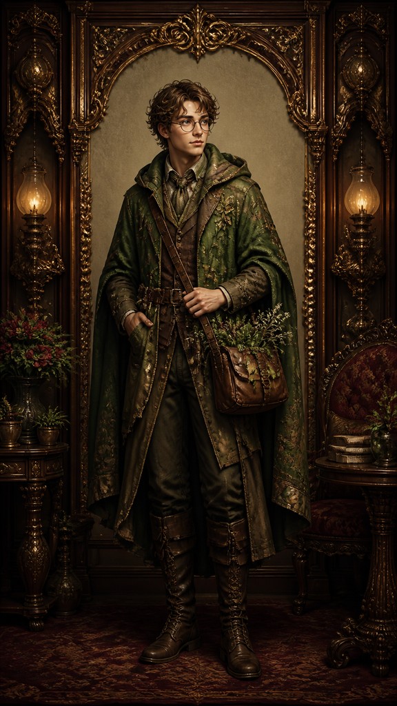 full-body original character: a wandering botanist with a satchel of plants, a patched green cloak, tall boots and round glasses, neutral background