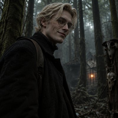 Je veux que tu me fasses un homme grand blond, sourire en coin avec des lunettes rondes, il est dans une forêt, un peu horreur a la from