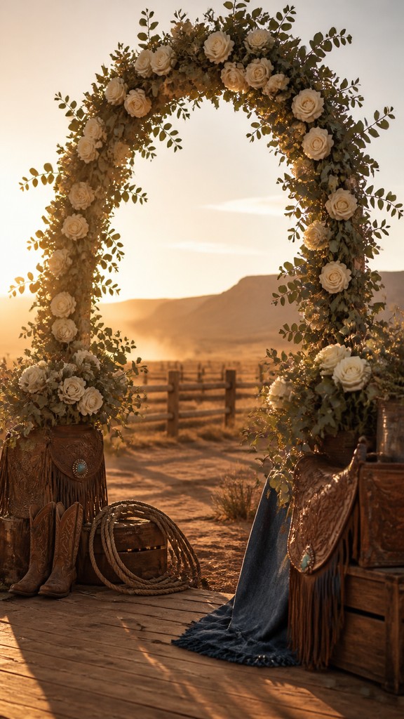 an arch of white roses and eucalyptus in soft morning light, elegant vertical composition with open space, no text
