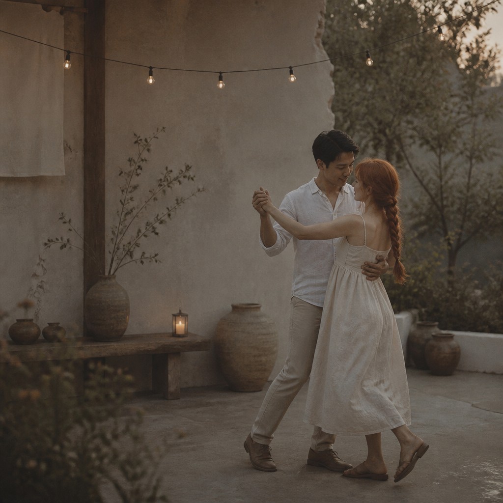an original couple dancing under string lights in a garden at dusk: a man with short black hair in a linen shirt and a woman with braided red hair in a summer dress