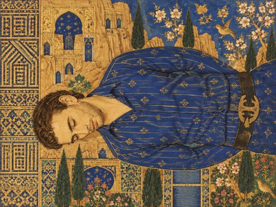 a painting of a young man sleeping in a blue dress