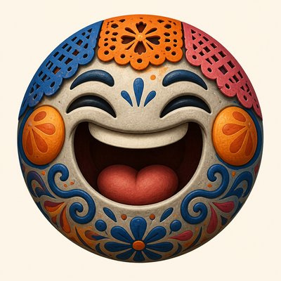 an exaggerated laughing face of an original round mascot character, bold and readable at small size, plain background, no text