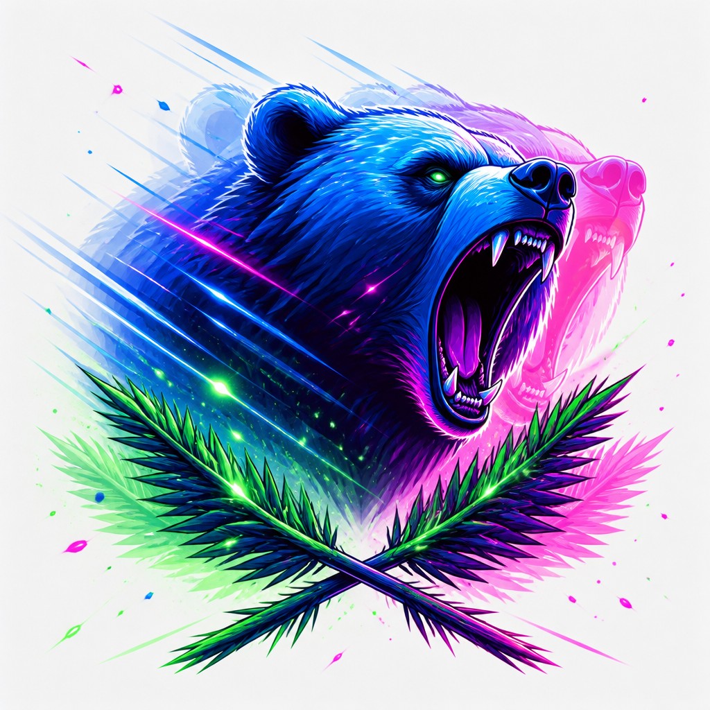 a roaring bear head above crossed pine branches, bold graphic composition on a plain background, no text