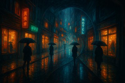 A rainy city street at night, neon signs reflecting on wet pavement, umbrellas, glowing shop windows, cinematic atmosphere