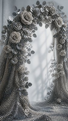 an arch of white roses and eucalyptus in soft morning light, elegant vertical composition with open space, no text