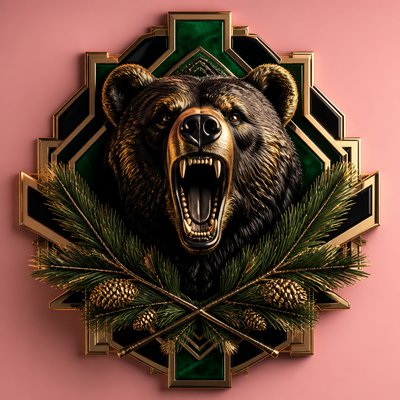 a roaring bear head above crossed pine branches, bold graphic composition on a plain background, no text