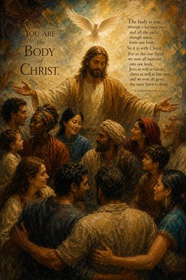 “You Are the Body of Christ. The body is one, although it has many parts; and all the parts, though many, form one body. So it is with Christ. For in the one Spirit we were all baptized into one body, Jews as well as Greeks, slaves as well as free men, and we were all given the same Spirit to drink. 
–  1 Corinthians 12:12-13
