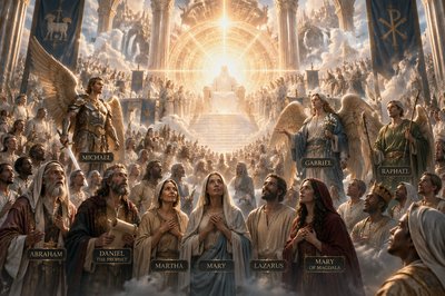 the saints in heaven around the throne of God  - and among the saints are Abraham, , Daniel the prophet, Martha, Mary, and Lazarus and  Mary of Magdala, the Archangels Michael, Gabriel, and Raphael. and many others as well