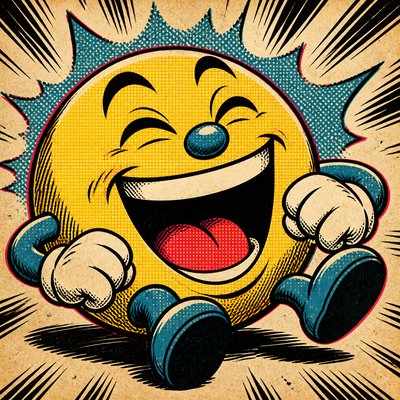 an exaggerated laughing face of an original round mascot character, bold and readable at small size, plain background, no text