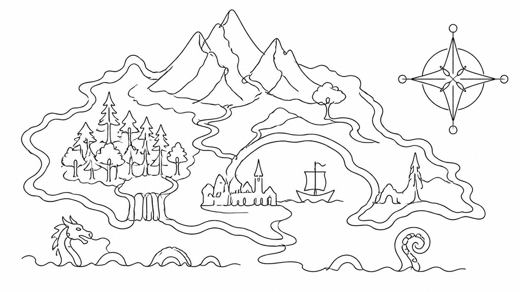 a map of an island realm with mountains, forests, a sheltered bay, sea monsters in the water and a compass rose, no text labels