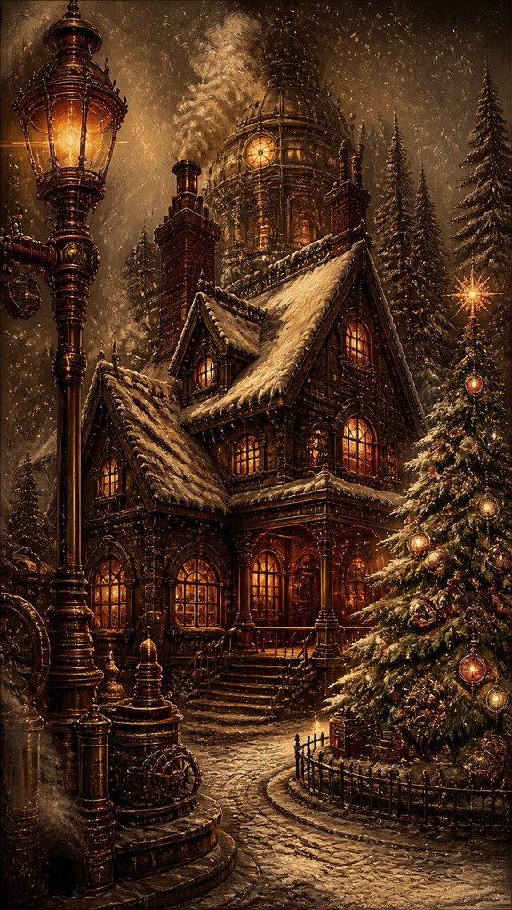 a snow-covered cottage with warm glowing windows beside a decorated pine tree, gentle snowfall, no text
