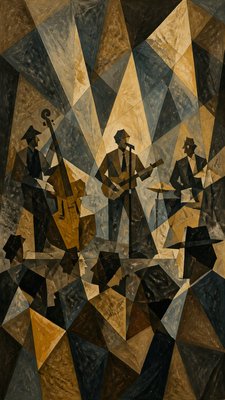a live music scene with a glowing stage and silhouetted crowd, energetic vertical composition with open space at the top, no text