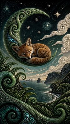 a sleeping baby fox curled on a crescent moon among soft stars, gentle and warm, no text