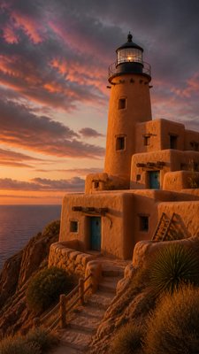 a lone lighthouse on a cliff at dusk under a dramatic sky, no text or lettering