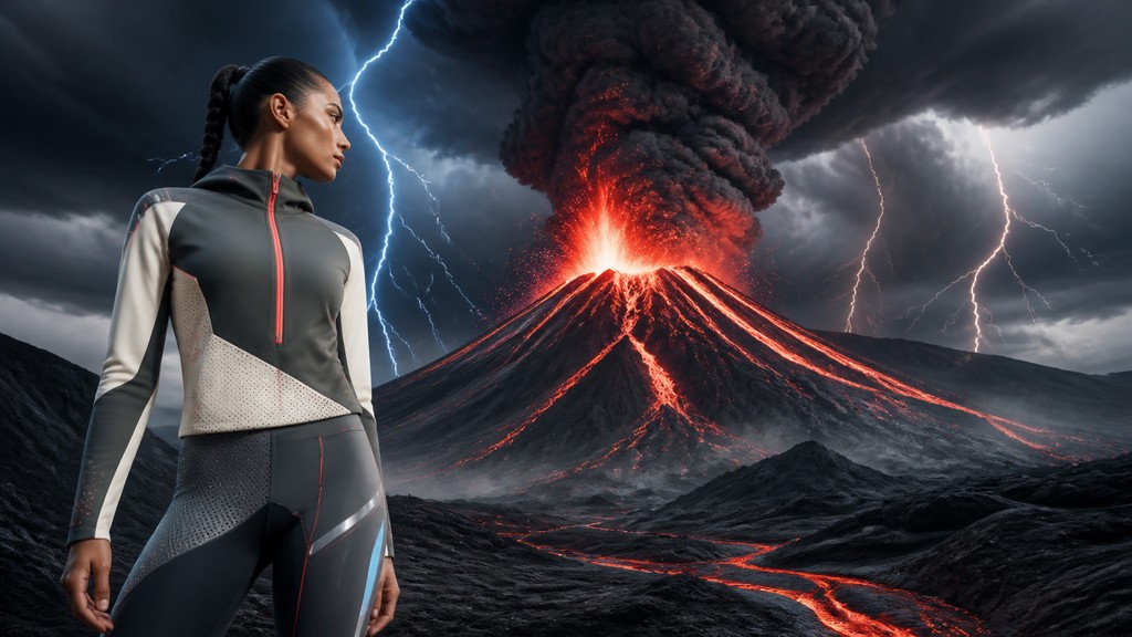 an erupting volcano with lightning strikes, dramatic wide composition, no text