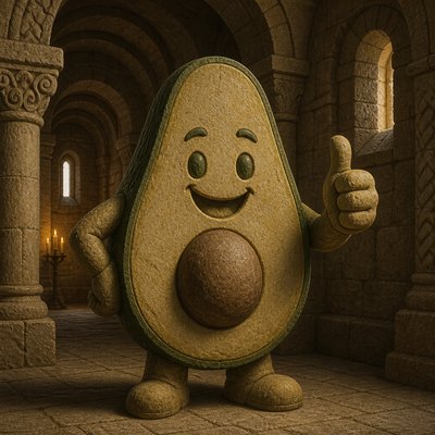 a happy avocado character giving a thumbs up, bold readable design on a plain background, no text