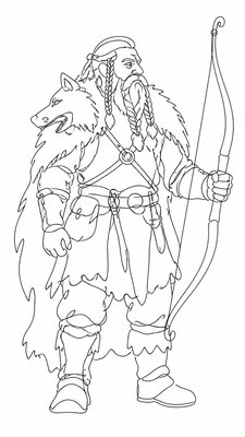 full-body original character: a dwarven ranger with a braided auburn beard, worn leather armor, a longbow and a wolf-pelt cloak, neutral background, no text