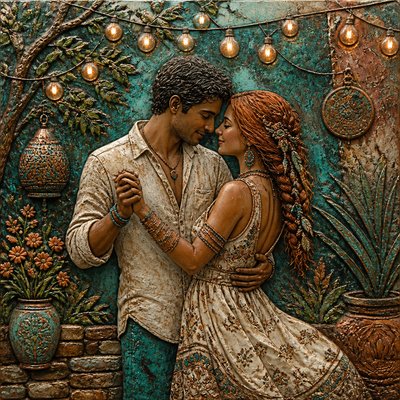 an original couple dancing under string lights in a garden at dusk: a man with short black hair in a linen shirt and a woman with braided red hair in a summer dress