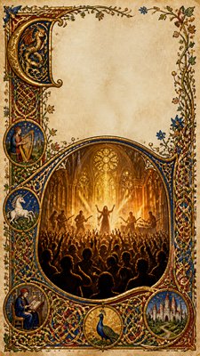 a live music scene with a glowing stage and silhouetted crowd, energetic vertical composition with open space at the top, no text