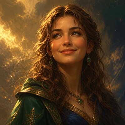 head-and-shoulders portrait of an original character: a young woman with wavy chestnut hair and a warm smile, plain soft backdrop