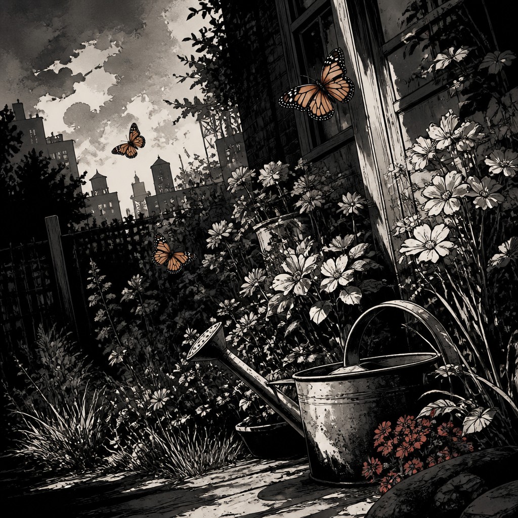a garden scene with butterflies, flowers and a watering can, clean uncolored line art, no text