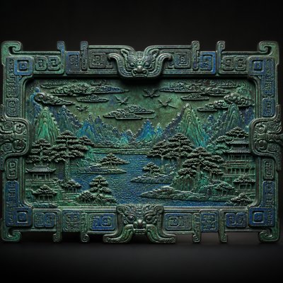 wide landscape with natural scenery — Ancient Chinese Bronze Art Style