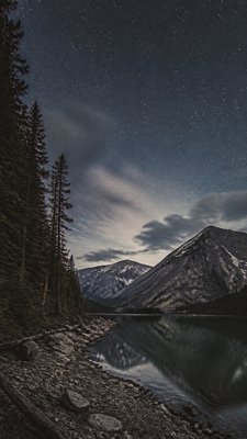 a tranquil mountain lake beneath a starry night sky, no people, no text