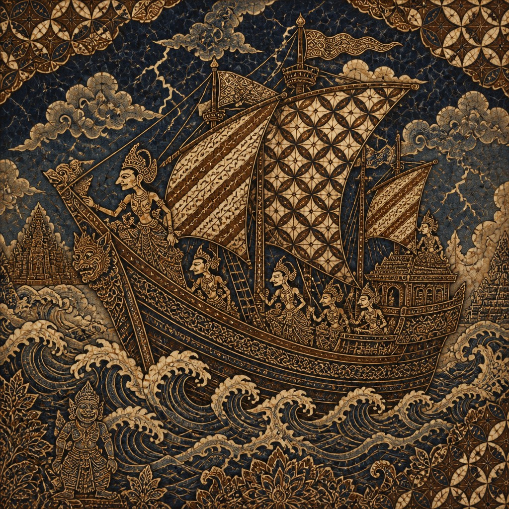 sailing ship on a stormy sea — Indonesian Art Style