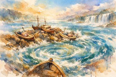 Now, those captains must learn what the river will do
when it makes that great turn out of sight.
How it dashes them up on the rocks of the shore
How it spins to the left and the right.
It beats them and breaks them and crushes their pride
Leaves them dizzy and sick and all jumbled inside
‘til they’ve all but forgotten that glorious ride
lying flat on their deck in the sun.
There they lie, drying out in the sun.

As you round the point where the river was bent
and survey the great wideness ahead,
you can see all those captains alone on their decks,
beat and broken and very near dead.
Then the current takes hold and there’s naught you can do
as it drags you down into its maw.
Headed straight for those rocks, you make ready to crash
but at last, you rise up, roll and yaw.

Going back and away, then forward again,
fearing each time, the rocks will prevail!
You’re trapped in a cycling, circling tide,
in an eddy withstanding a gale.
But each time you circle that great whirling tide
and you’ve not hit the rocks or been thrown to the side
and you’re kept from the falls, cascading and wide,
for the eddy’s small mercy give praise.
Give the merciful currents your praise!

