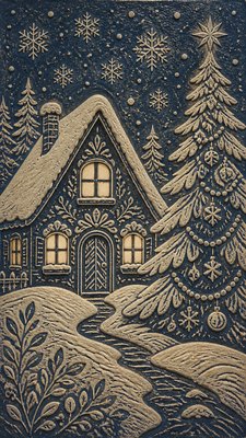 a snow-covered cottage with warm glowing windows beside a decorated pine tree, gentle snowfall, no text