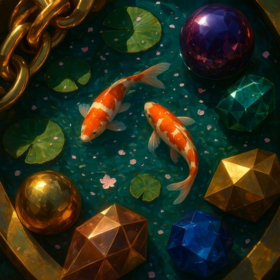 A koi pond seen from above, orange and white koi fish swimming among lily pads, clear water with subtle ripples, fallen cherry blossom petals floating on the surface, dappled sunlight