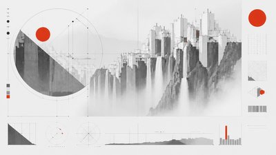 a cliffside city with waterfalls cascading into a misty canyon, wide establishing shot, no people, no text