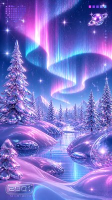 a snowy pine forest under the northern lights, no people