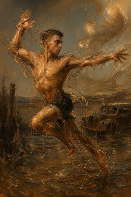 a painting of a man running in the water