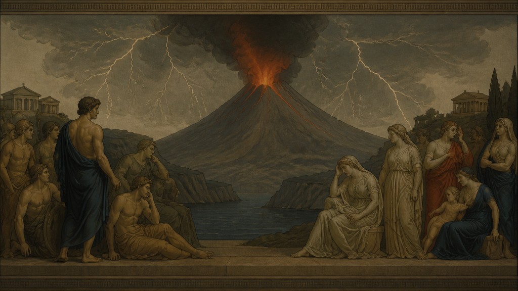 an erupting volcano with lightning strikes, dramatic wide composition, no text