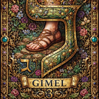 A picture of the Hebrew letter Gimel including in the design a picture of a sandaled foot and also the modern Hebrew Gimel symbol ג , the number 3 and the name of the letter "Gimel" 